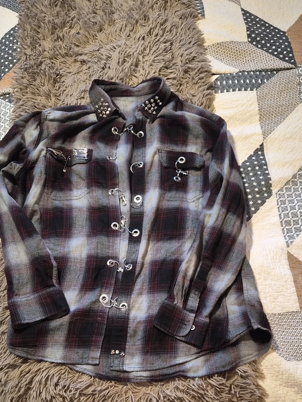 Upcycled Plaid Studded Hook-Front Shirt Jacket - Red/Gray